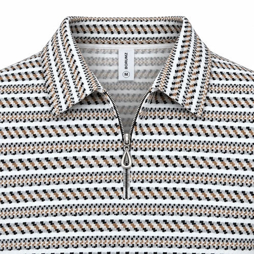 Black & Brown Striped Zip Polo Shirt | Knit Polo