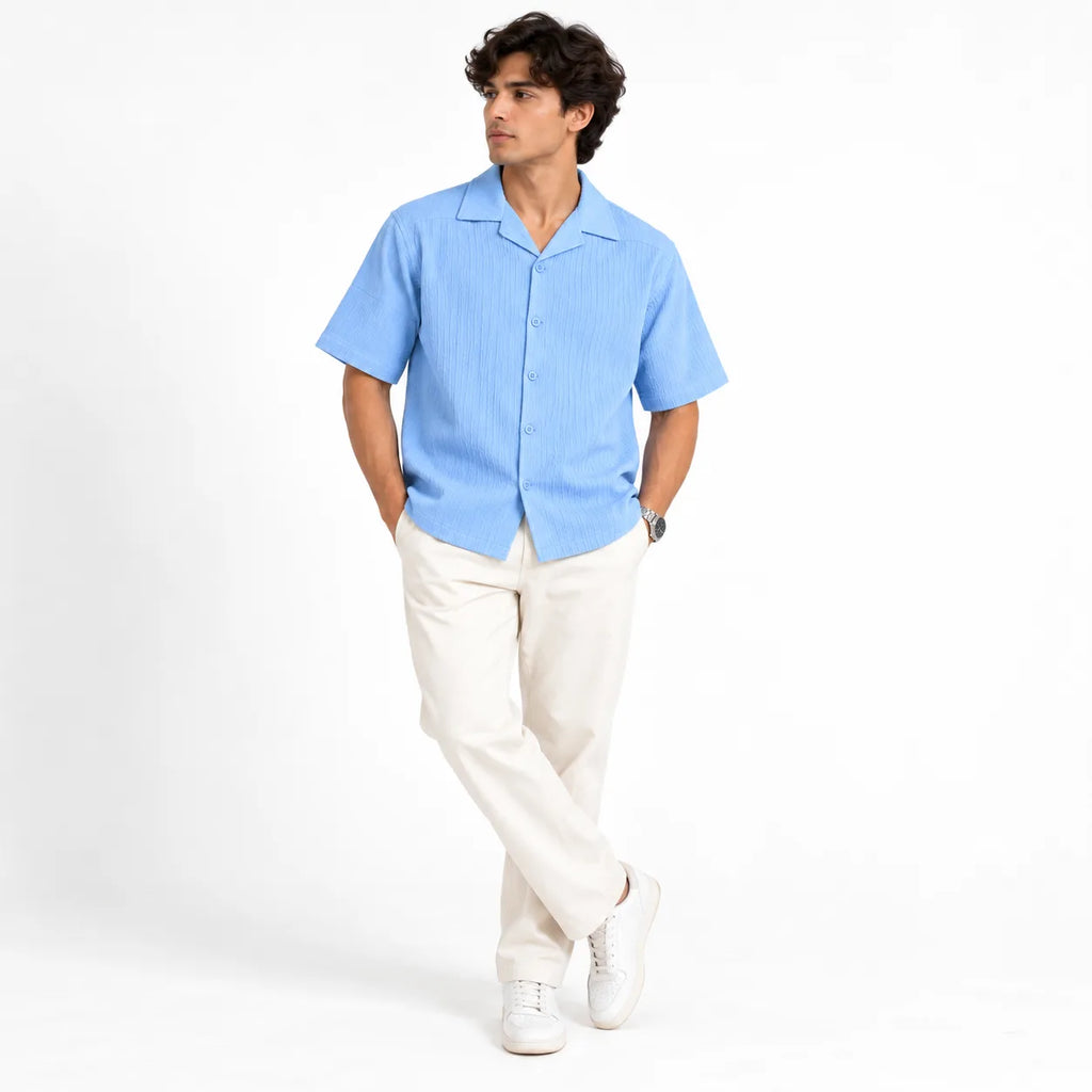 Sky Blue Textured Semi-Formal Shirt | Boxy fit | Unisex