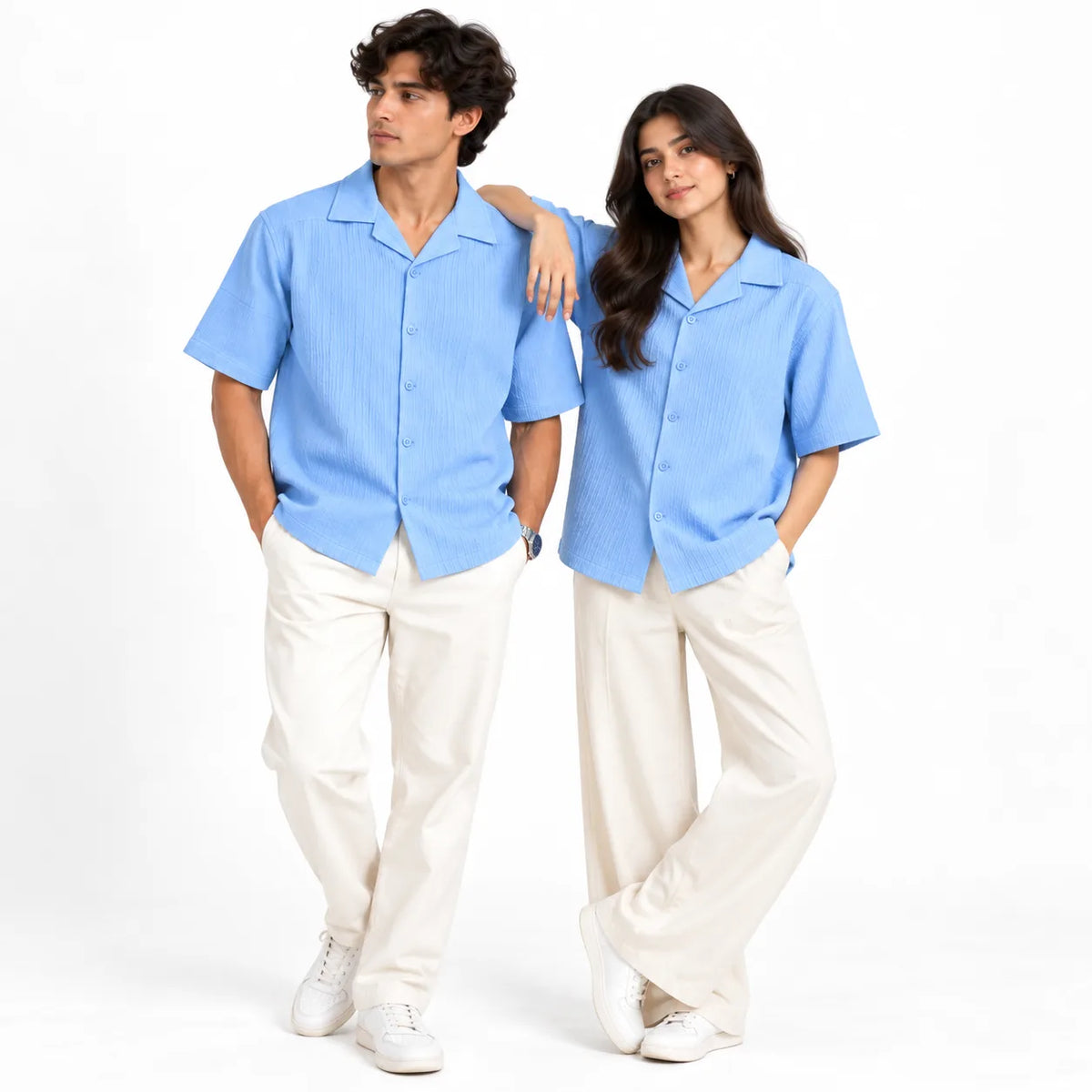 Sky Blue Textured Semi-Formal Shirt | Boxy fit | Unisex