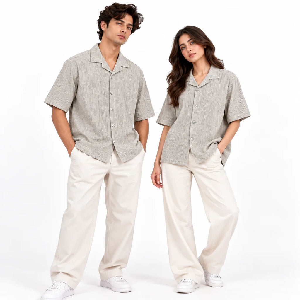 Sand Grey Textured Semi-Formal Shirt | Boxy fit | Unisex
