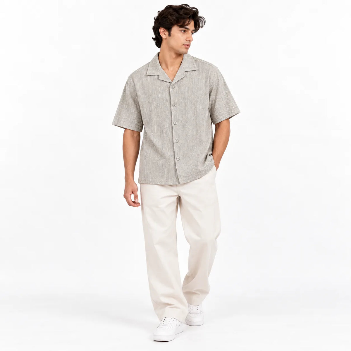 Sand Grey Textured Semi-Formal Shirt | Boxy fit | Unisex
