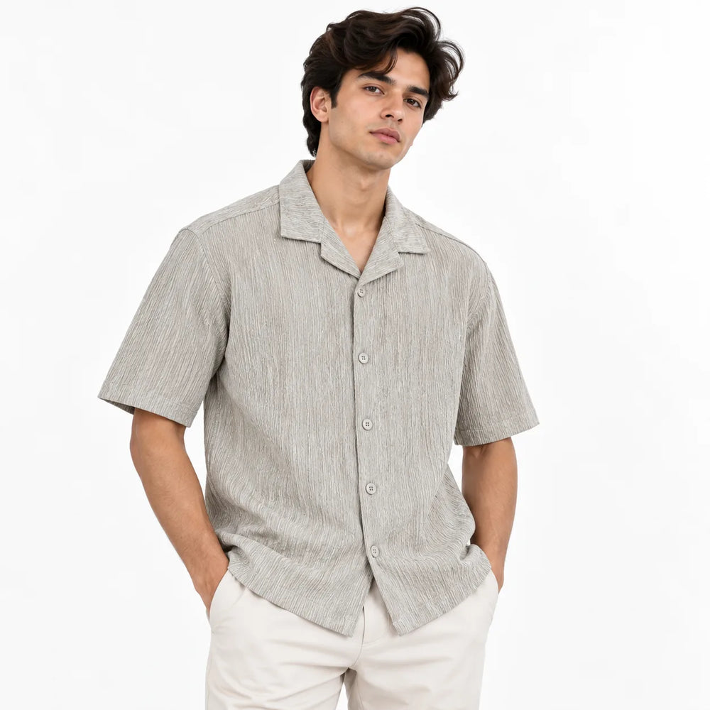 Sand Grey Textured Semi-Formal Shirt | Boxy fit | Unisex