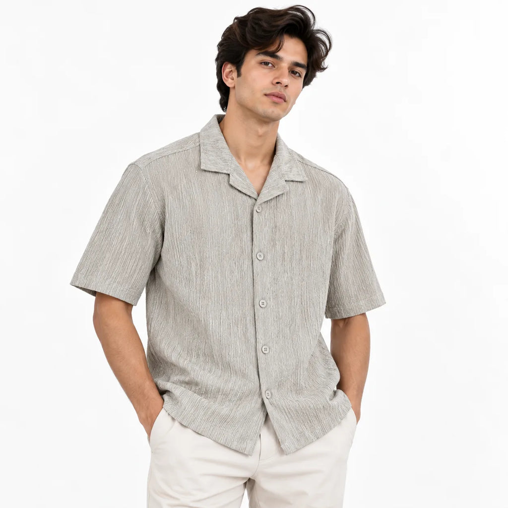 Sand Grey Textured Semi-Formal Shirt | Boxy fit | Unisex