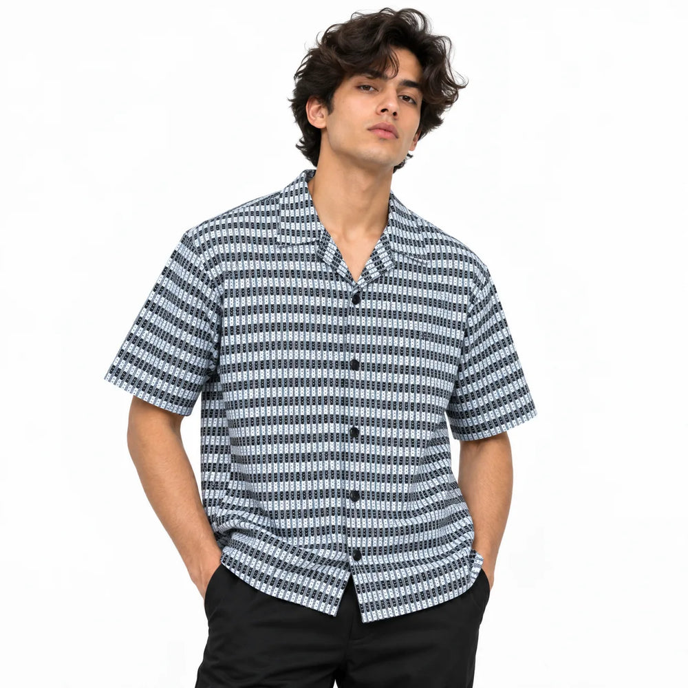 Black & White Textured Knit Camp Collar Shirt | Boxy fit
