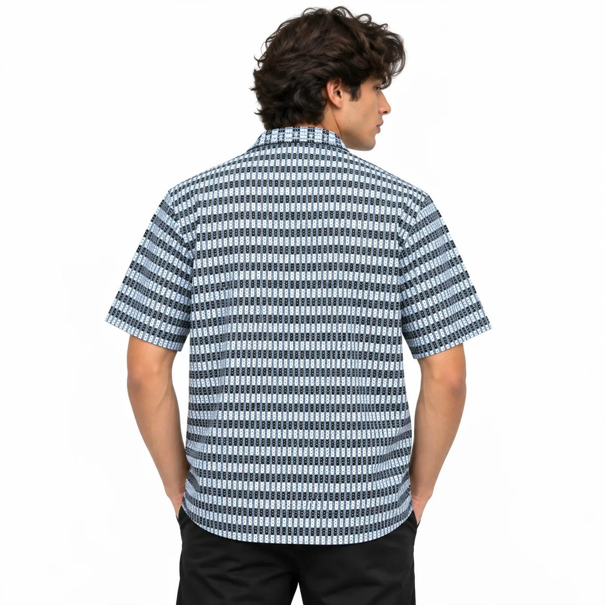 Black & White Textured Knit Camp Collar Shirt | Boxy fit