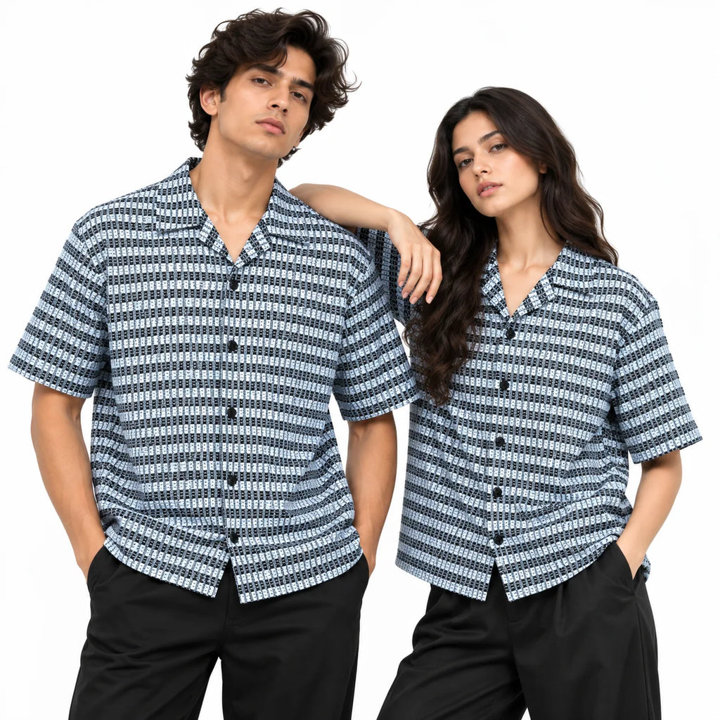 Black & White Textured Knit Camp Collar Shirt | Boxy fit