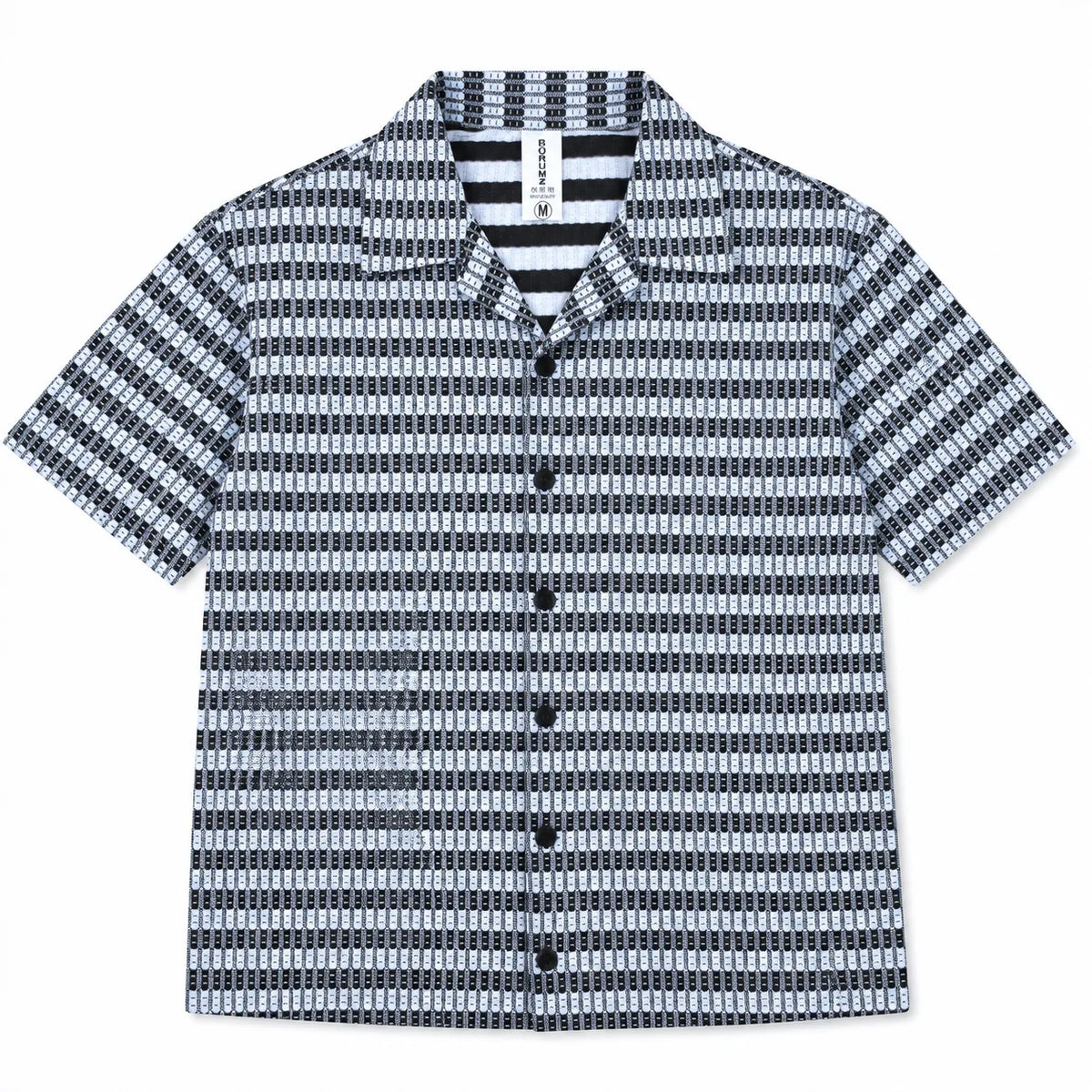 Black & White Textured Knit Camp Collar Shirt | Boxy fit