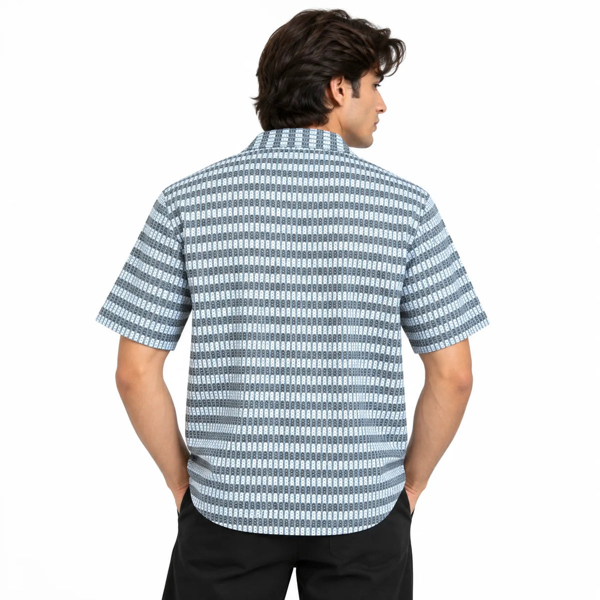 Black & Grey Textured Knit Camp Collar Shirt | Boxy fit