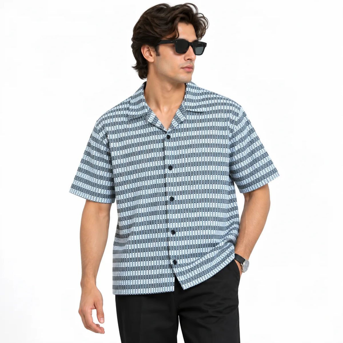 Black & Grey Textured Knit Camp Collar Shirt | Boxy fit