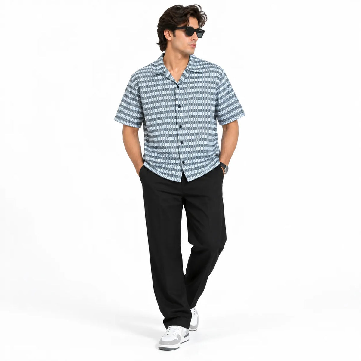 Black & Grey Textured Knit Camp Collar Shirt | Boxy fit