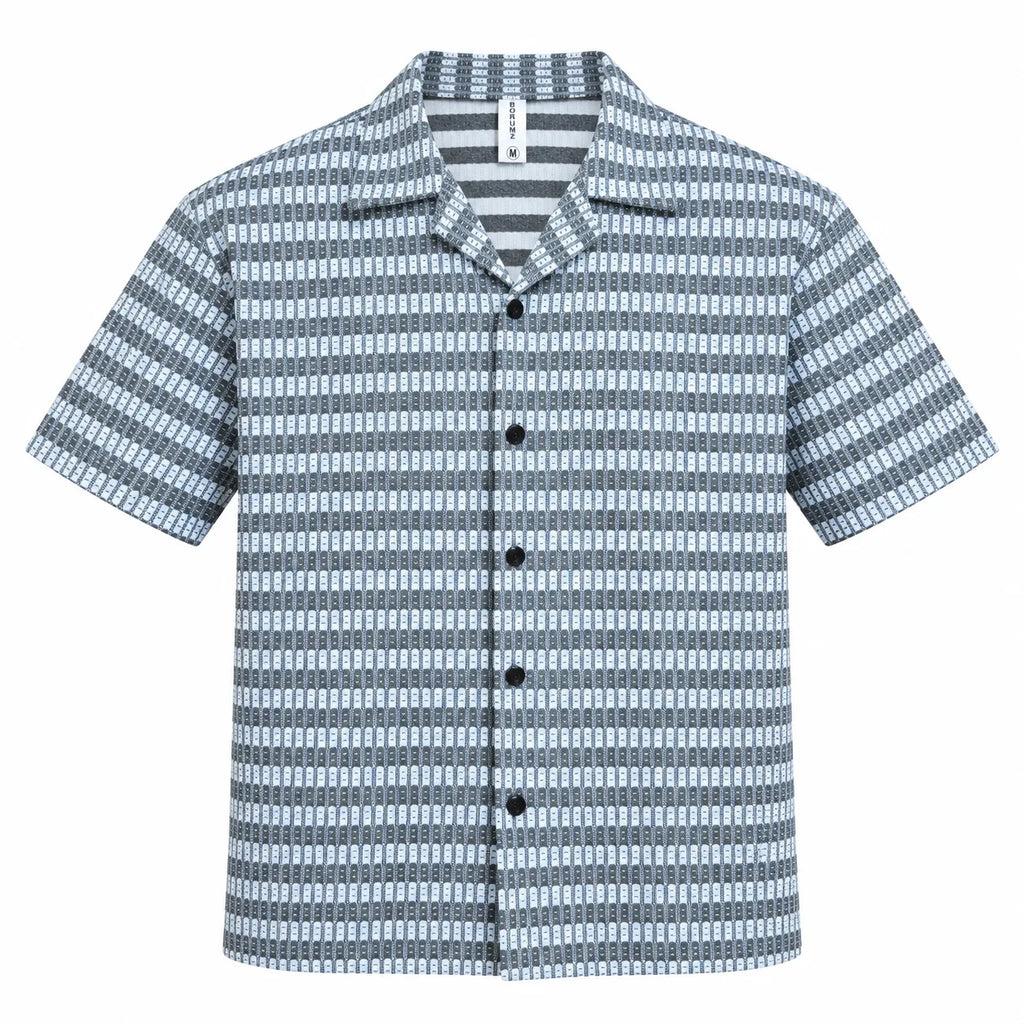 Black & Grey Textured Knit Camp Collar Shirt | Boxy fit