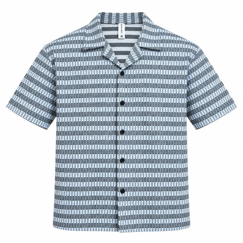 Black & Grey Textured Knit Camp Collar Shirt | Boxy fit