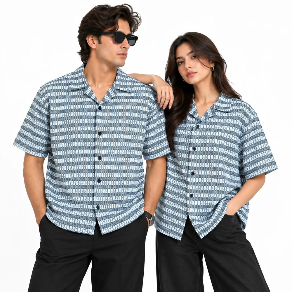Black & Grey Textured Knit Camp Collar Shirt | Boxy fit