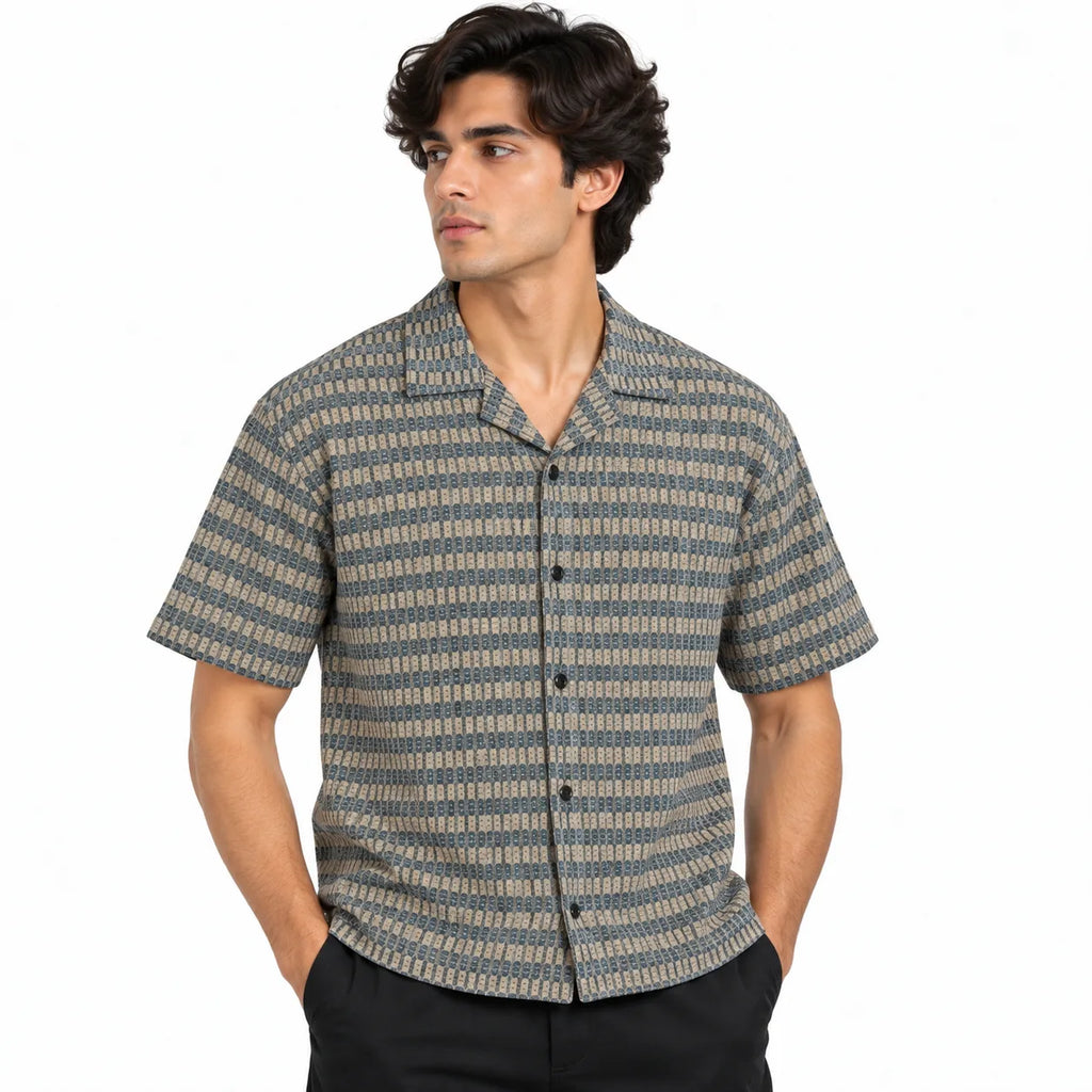 Brown & Grey Textured Knit Camp Collar Shirt | Boxy fit