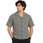 Brown & Grey Textured Knit Camp Collar Shirt | Boxy fit