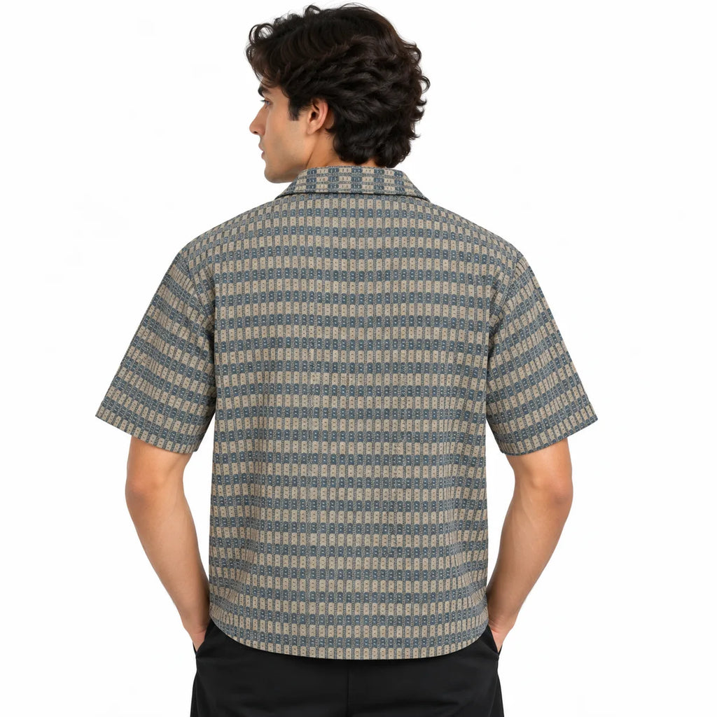 Brown & Grey Textured Knit Camp Collar Shirt | Boxy fit