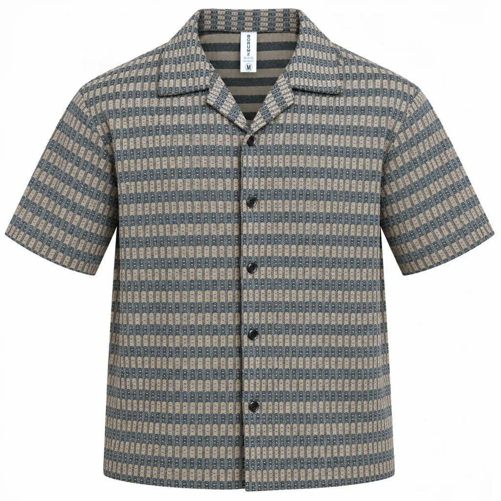 Brown & Grey Textured Knit Camp Collar Shirt | Boxy fit