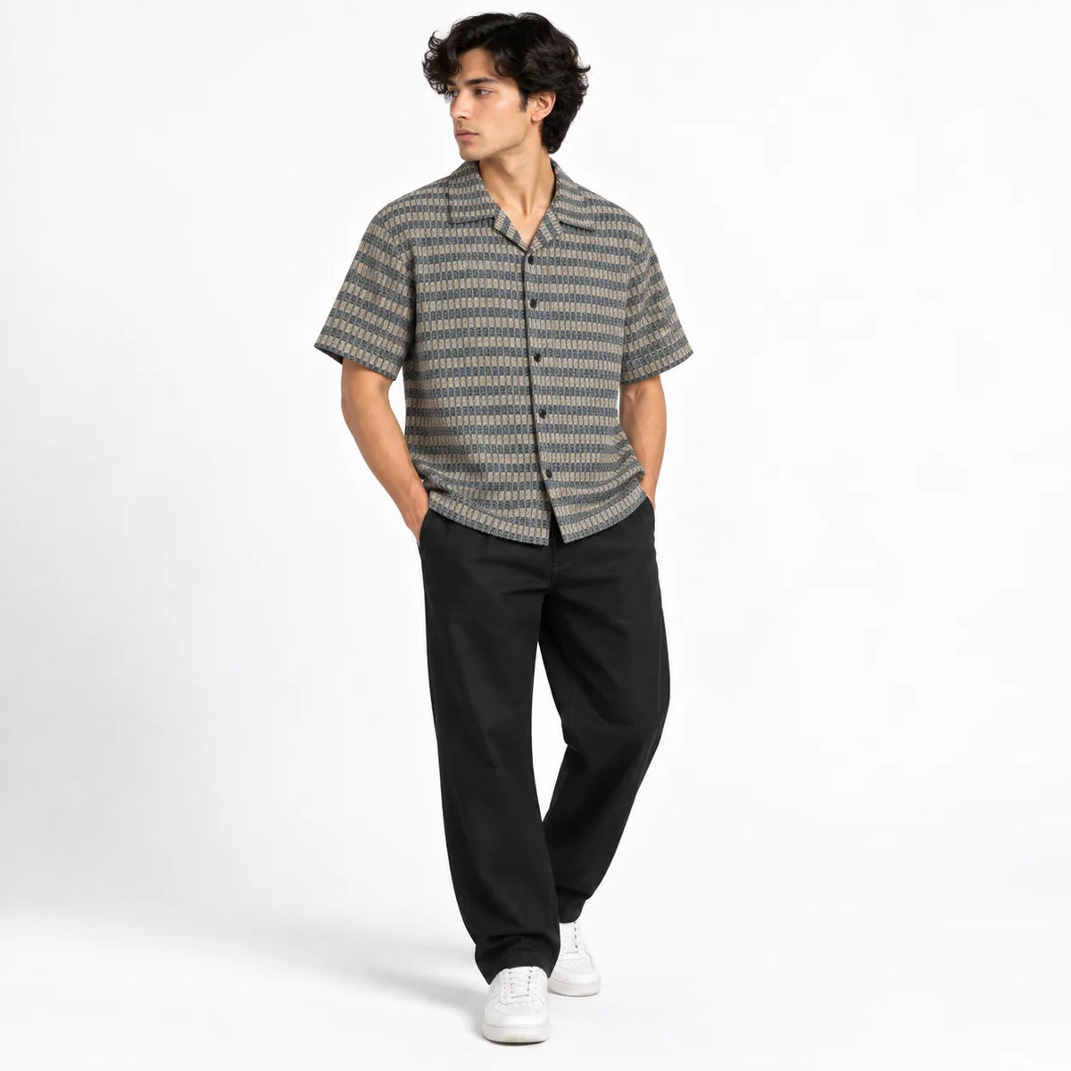 Brown & Grey Textured Knit Camp Collar Shirt | Boxy fit