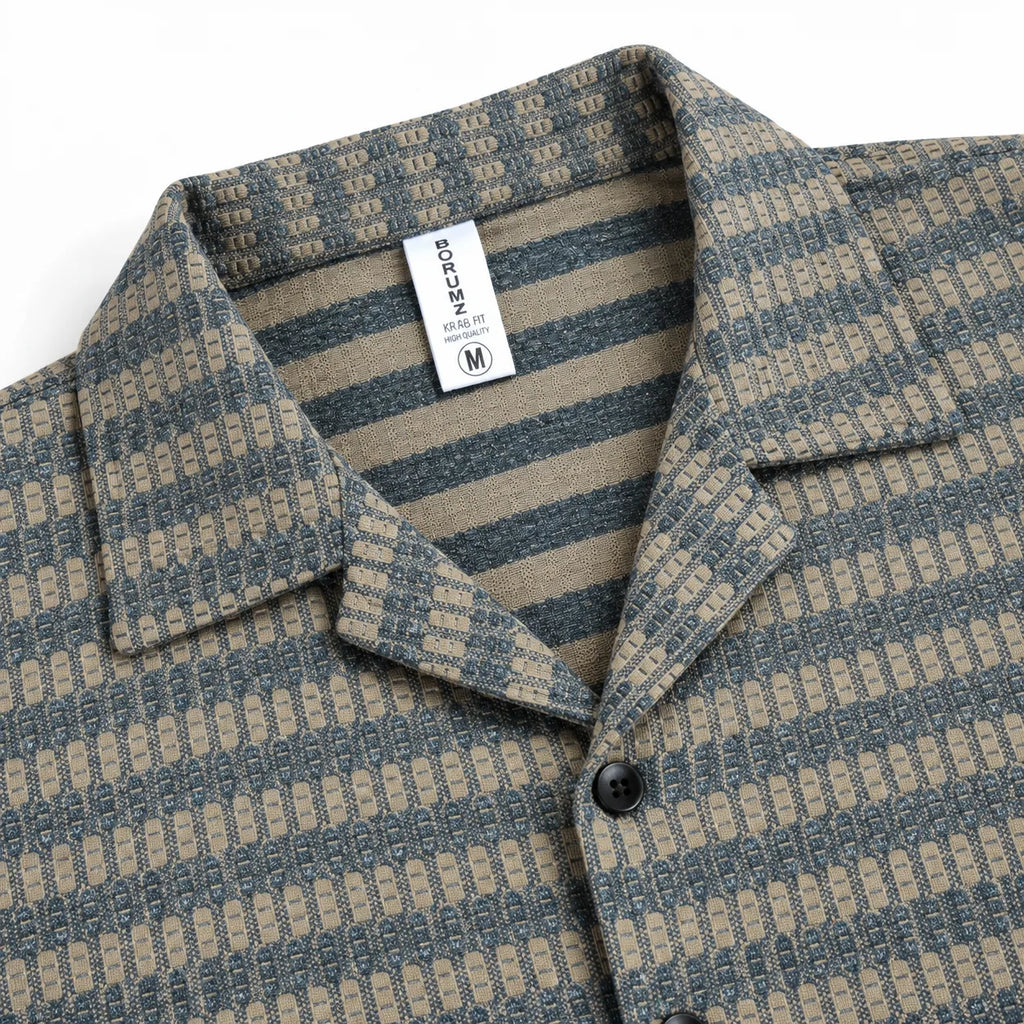 Brown & Grey Textured Knit Camp Collar Shirt | Boxy fit