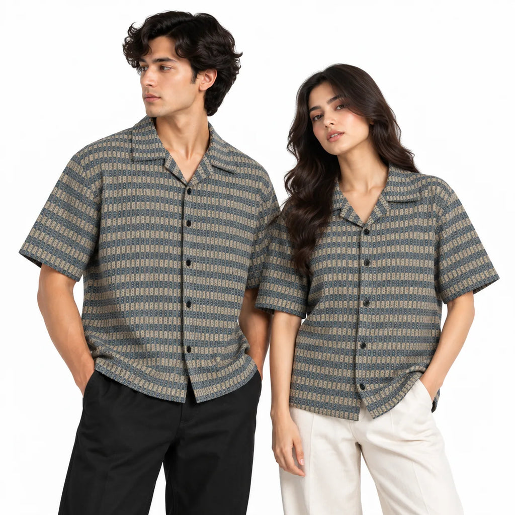 Brown & Grey Textured Knit Camp Collar Shirt | Boxy fit
