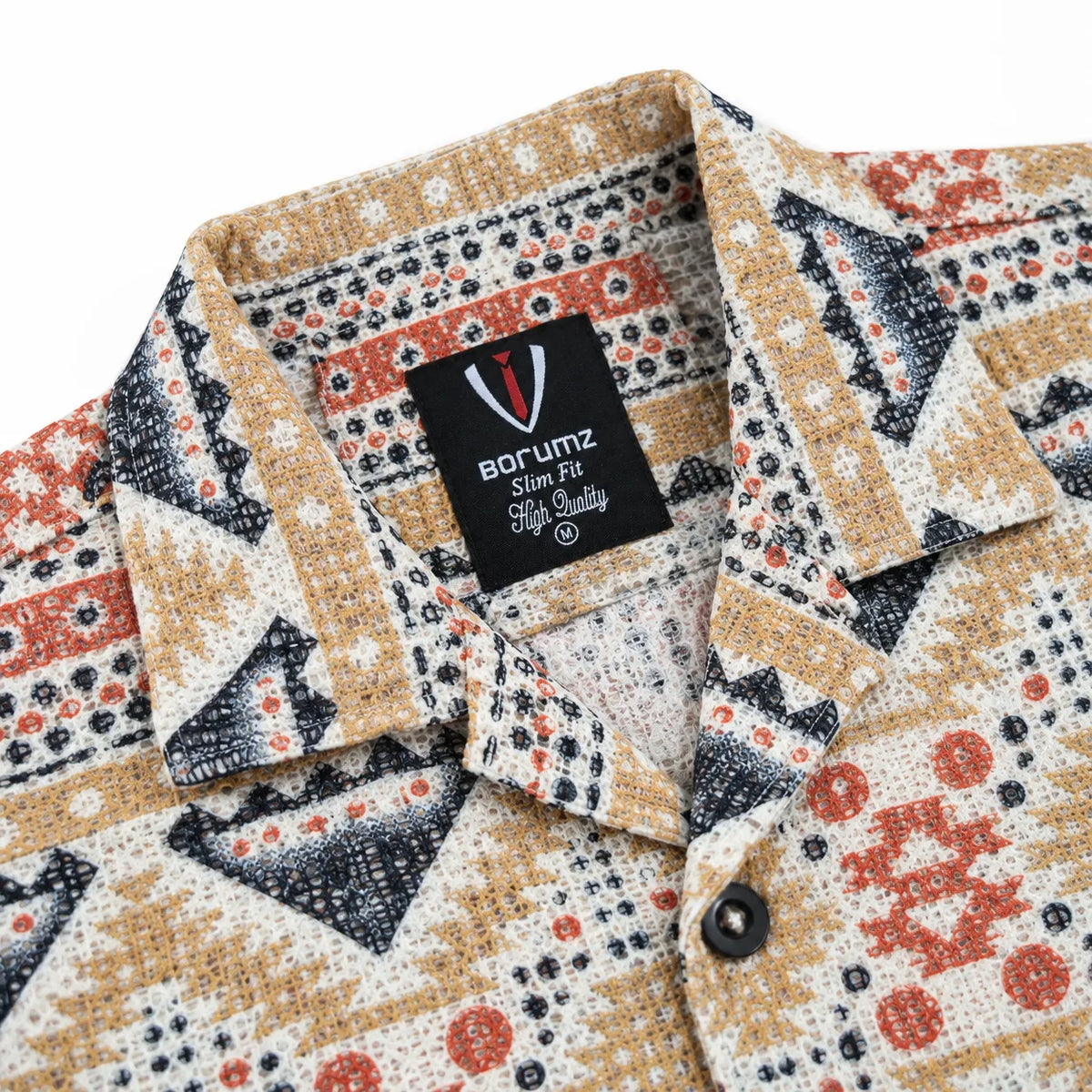 Crochet-Inspired Geometric Print Cuban Collar Shirt