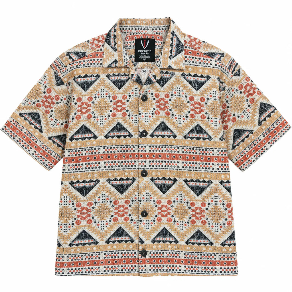 Crochet-Inspired Geometric Print Cuban Collar Shirt