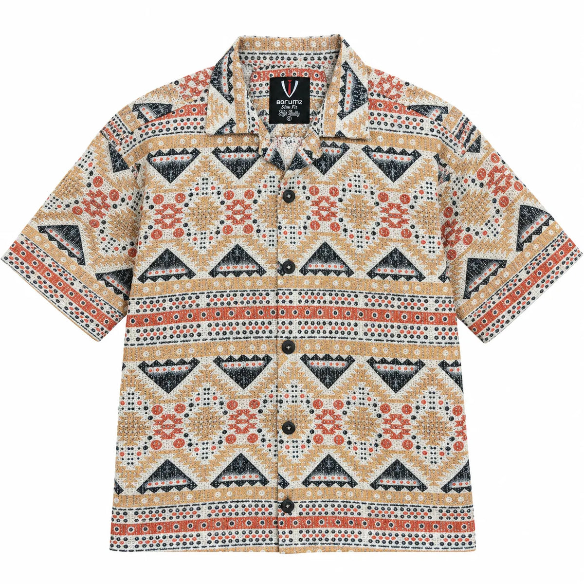 Crochet-Inspired Geometric Print Cuban Collar Shirt