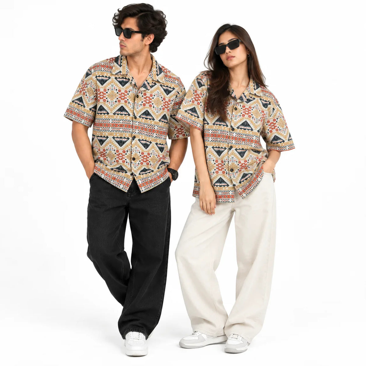 Crochet-Inspired Geometric Print Cuban Collar Shirt