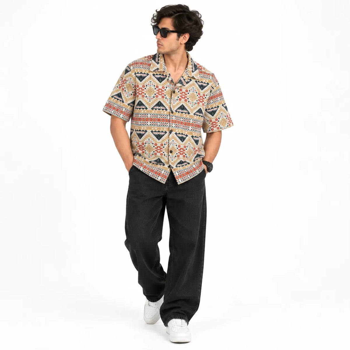 Crochet-Inspired Geometric Print Cuban Collar Shirt