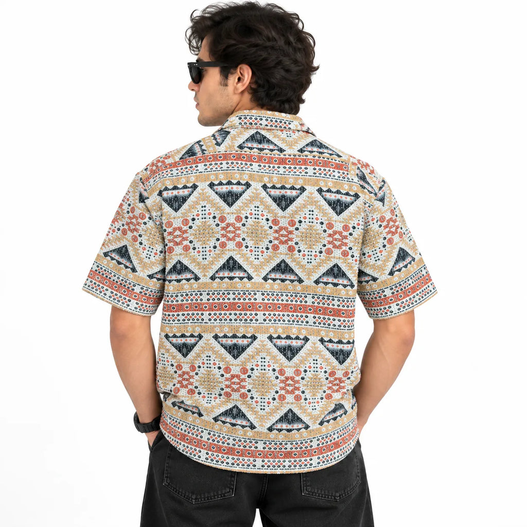 Crochet-Inspired Geometric Print Cuban Collar Shirt