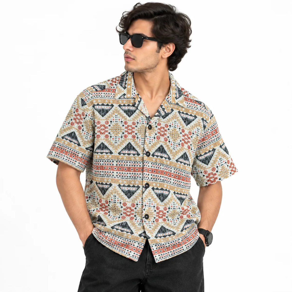 Crochet-Inspired Geometric Print Cuban Collar Shirt