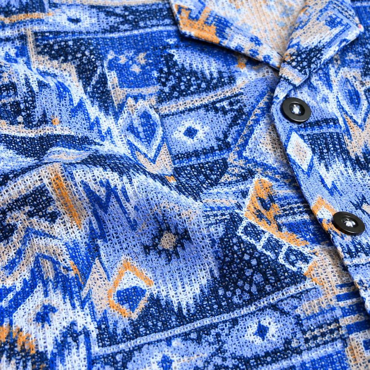 Crochet-Inspired Geometric Print Cuban Collar Shirt