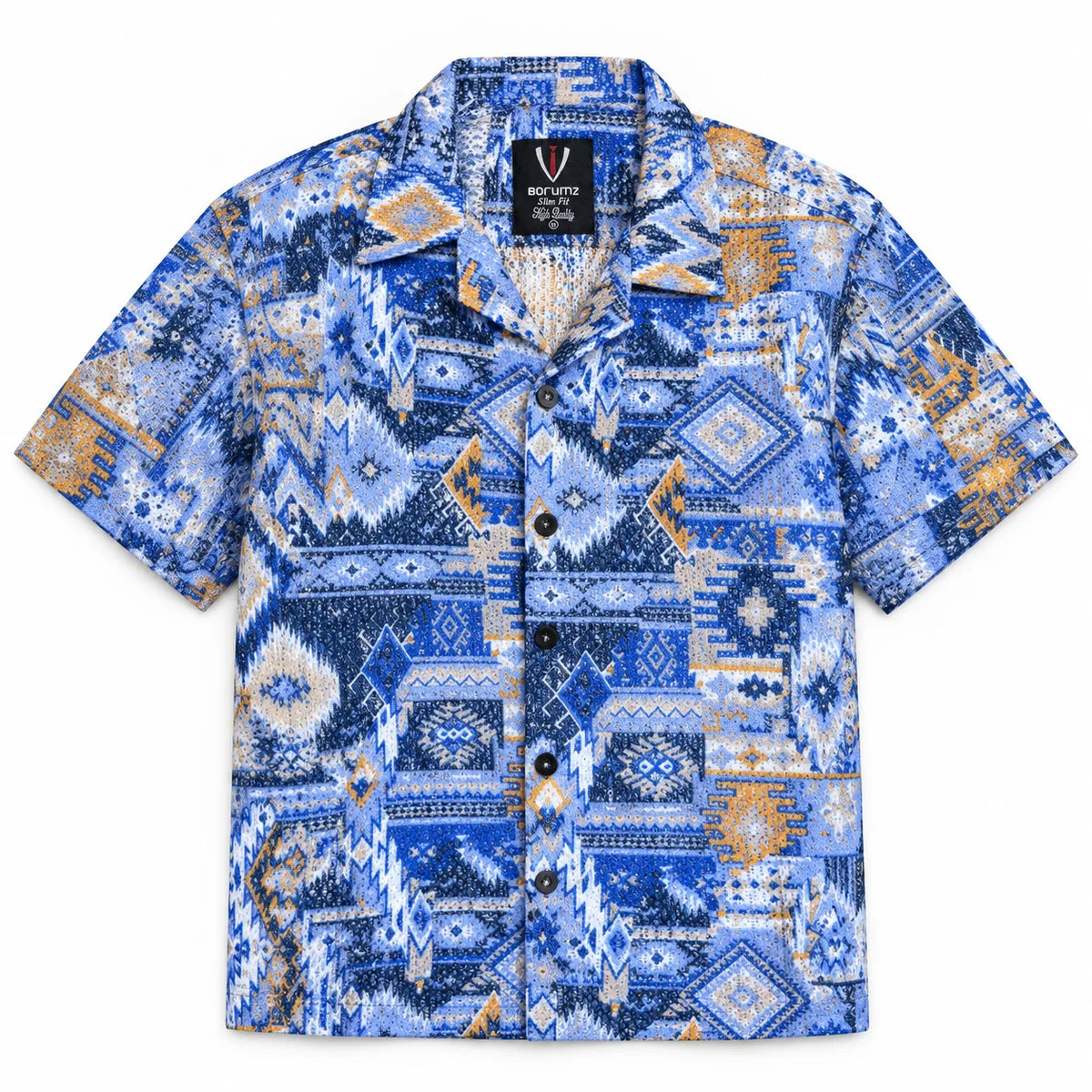 Crochet-Inspired Geometric Print Cuban Collar Shirt