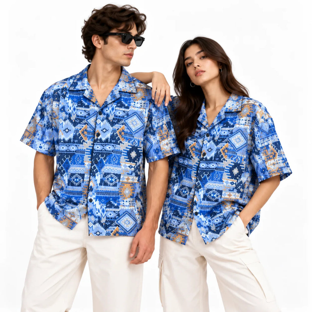 Crochet-Inspired Geometric Print Cuban Collar Shirt
