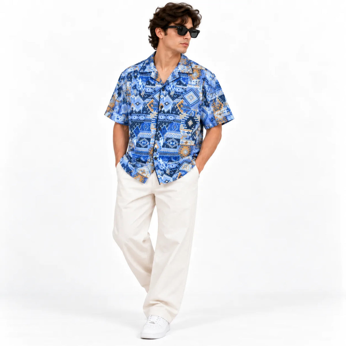 Crochet-Inspired Geometric Print Cuban Collar Shirt