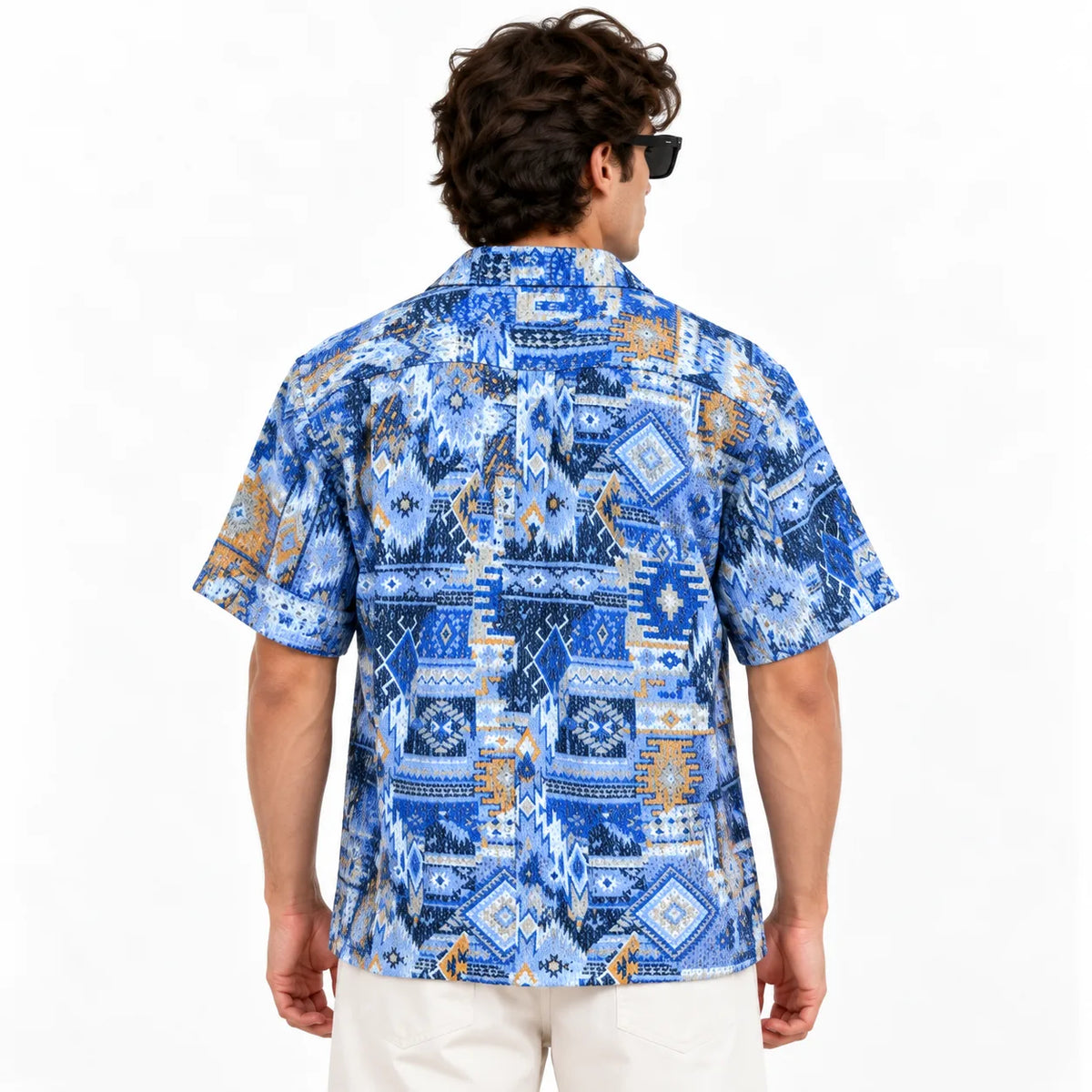 Crochet-Inspired Geometric Print Cuban Collar Shirt
