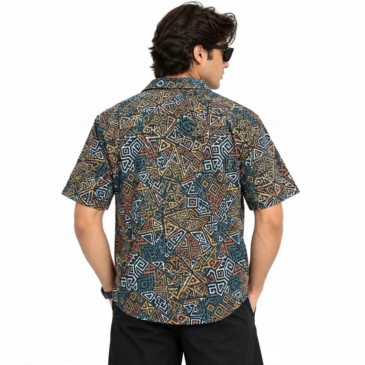 Crochet-Inspired Geometric Print Cuban Collar Shirt