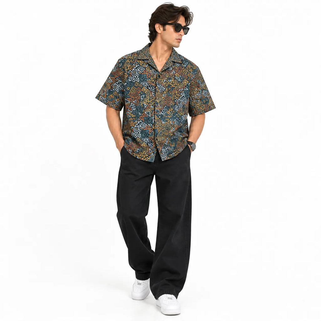 Crochet-Inspired Geometric Print Cuban Collar Shirt