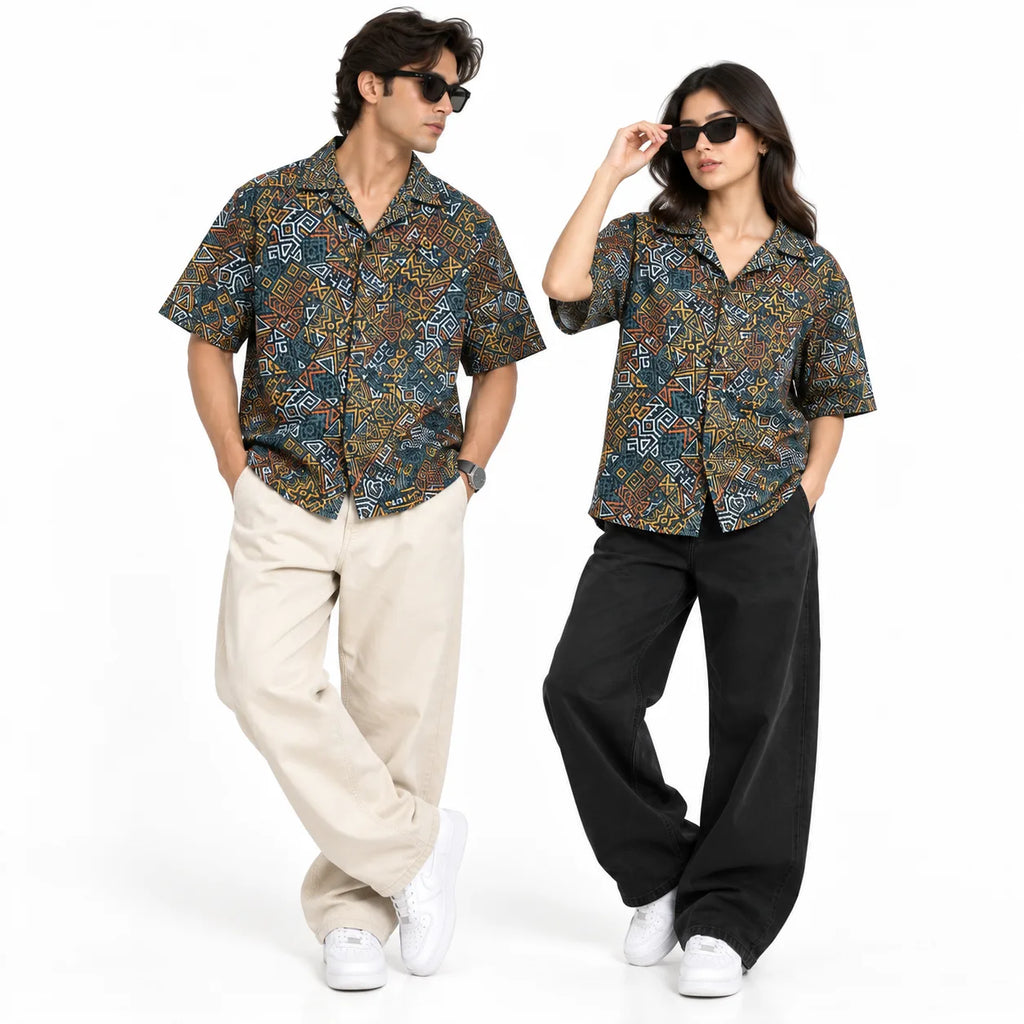 Crochet-Inspired Geometric Print Cuban Collar Shirt