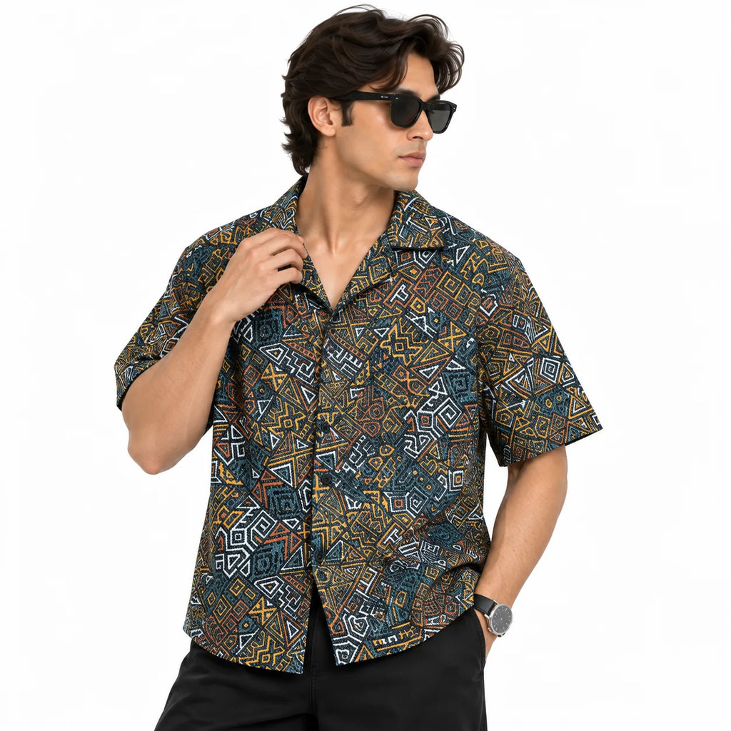 Crochet-Inspired Geometric Print Cuban Collar Shirt