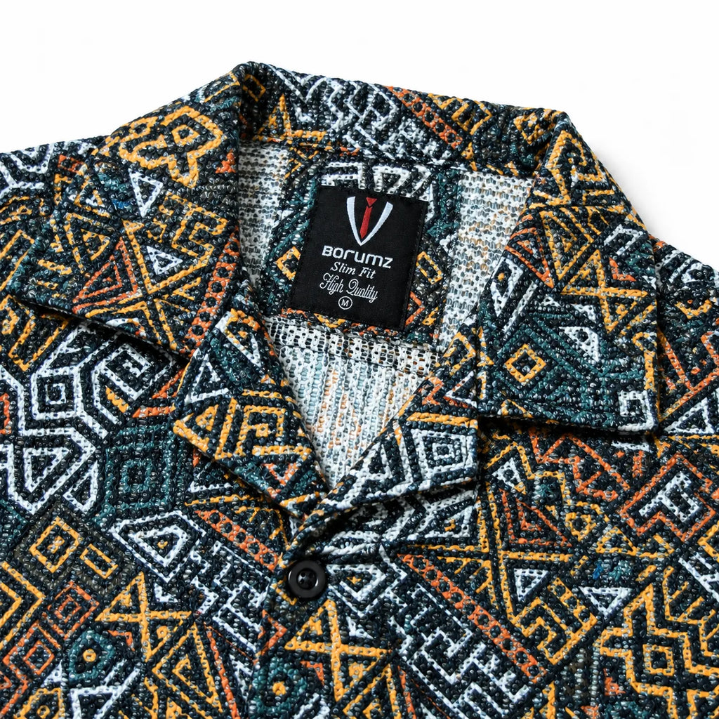 Crochet-Inspired Geometric Print Cuban Collar Shirt