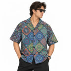 Crochet-Inspired Geometric Print Cuban Collar Shirt