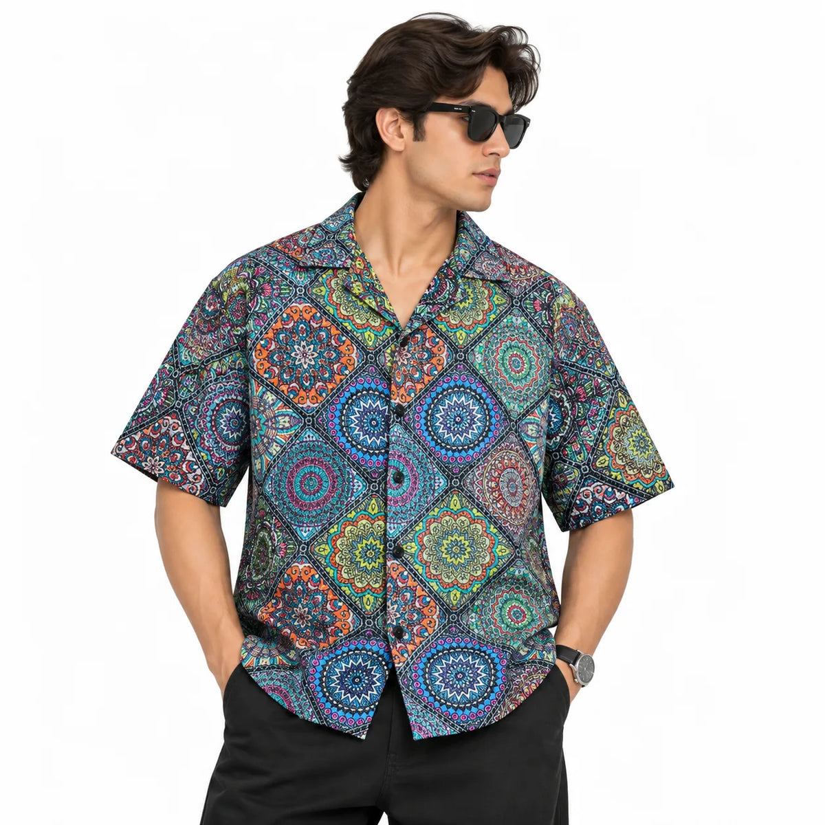 Crochet-Inspired Geometric Print Cuban Collar Shirt