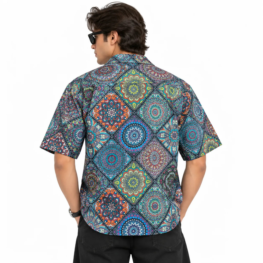 Crochet-Inspired Geometric Print Cuban Collar Shirt