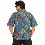 Crochet-Inspired Geometric Print Cuban Collar Shirt