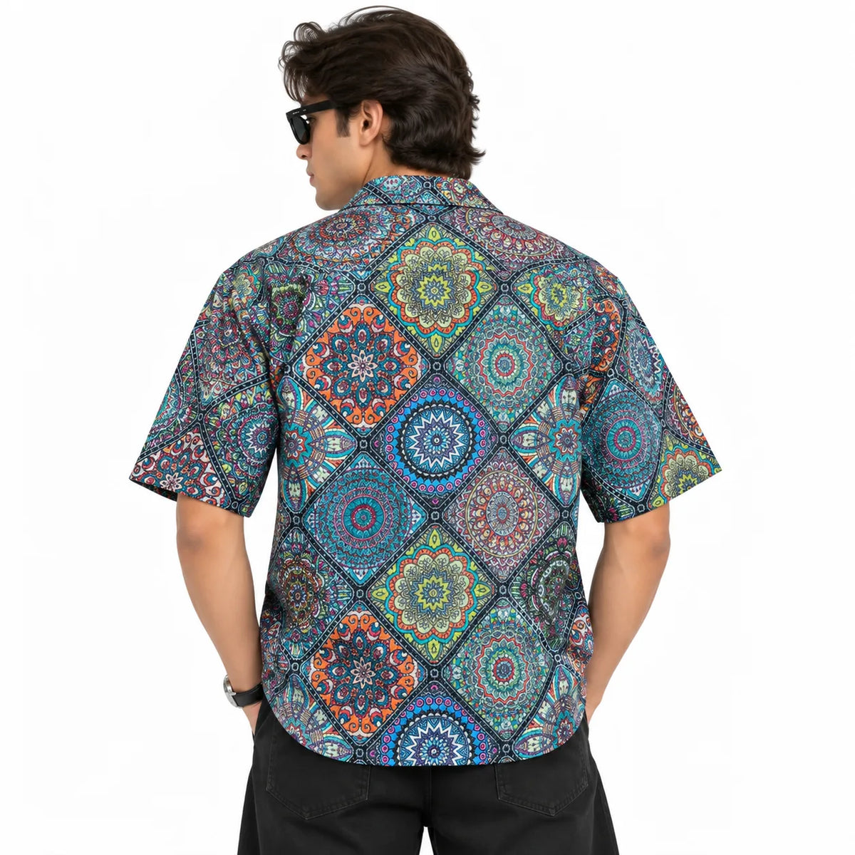 Crochet-Inspired Geometric Print Cuban Collar Shirt