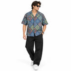 Crochet-Inspired Geometric Print Cuban Collar Shirt