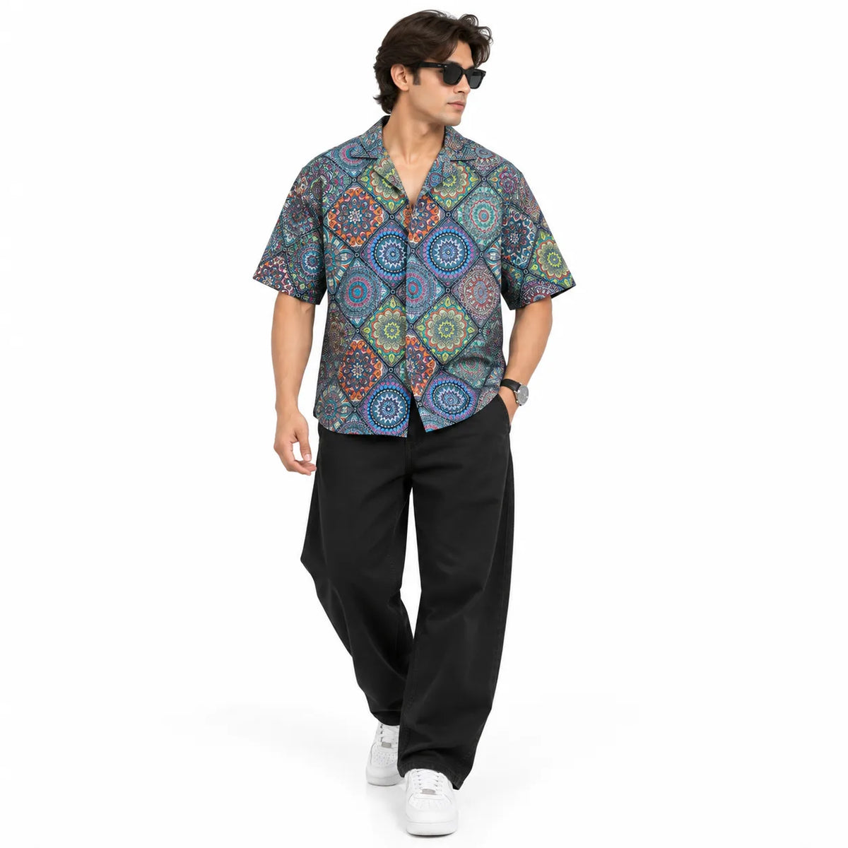 Crochet-Inspired Geometric Print Cuban Collar Shirt