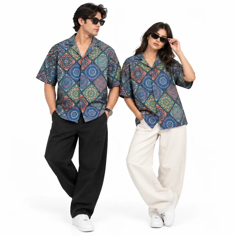 Crochet-Inspired Geometric Print Cuban Collar Shirt