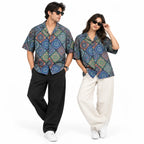 Crochet-Inspired Geometric Print Cuban Collar Shirt